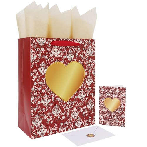 13 Large Valentines Day Gift Bag Set with Handles Greeting Card Gold Tissue Papers and Stickers for Women Girls for Wedding Valentines Day Birthdays Weddings Anniversaries Heart Design 1 Pcs