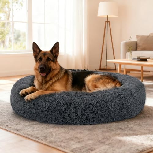 Sicilaien Dog Calming Donut Bed, Fluffy Plush Pet Bed Pillow Sofa Bed for Large Dogs Cats, Anti Anxiety Pet Bed Cuddle Round Cushion with Non-Skid Bottom Washable, 90CM, Deep Grey