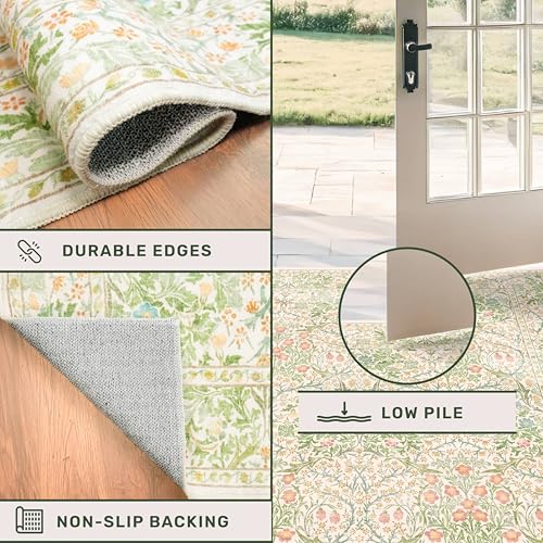 Image of Washable Entry Rug - Front Door Rugs Indoor, Non-Slip Bathroom Small Rugs, Vintage Floral Style Rug for Kitchen, Perfect for Entryway Decor (2x3 Beige Green)