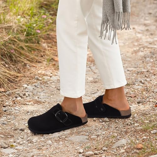 KIDMI Genuine Suede Clogs for Women Memory Foam Cork Footbed Potato Shoes Slip On Leather Mules with Big Buckle