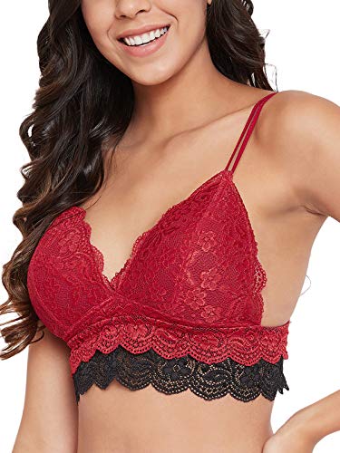 Image of Clovia Women's Lace Padded Non-Wired Demi Cup Plunge Bralette