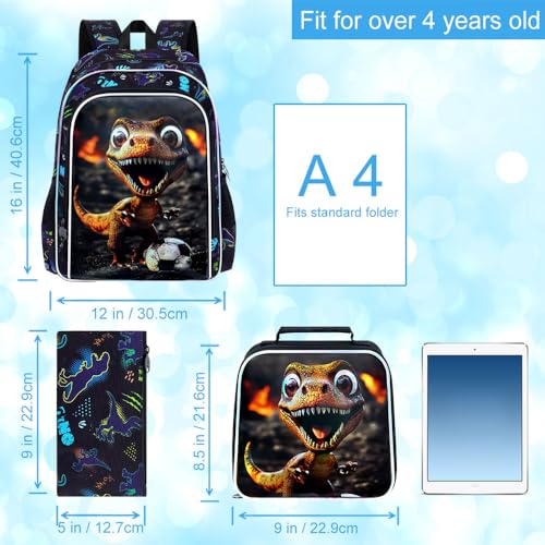 Image of 16 inch Dinosaur Backpack for Boy, 3Pcs Soccer Bookbag for Elementary Preschool Kindergarten, Kids School Backpacks with Lunch Box (Black)