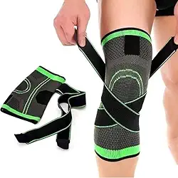 Joelheira de Compressão Esportiva, Suporte para Alívio de Dor no Joelho, Preta e Verde, com Faixas de Pressão Bilateral