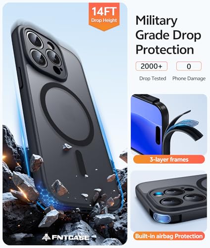 Image of FNTCASE for iPhone 14 Pro Max Case: Magnetic Translucent Matte Slim Cases [Tempered Glass Screen Protector] [Full Camera Protection] Military Grade Shockproof Protective Phone Cover - Black
