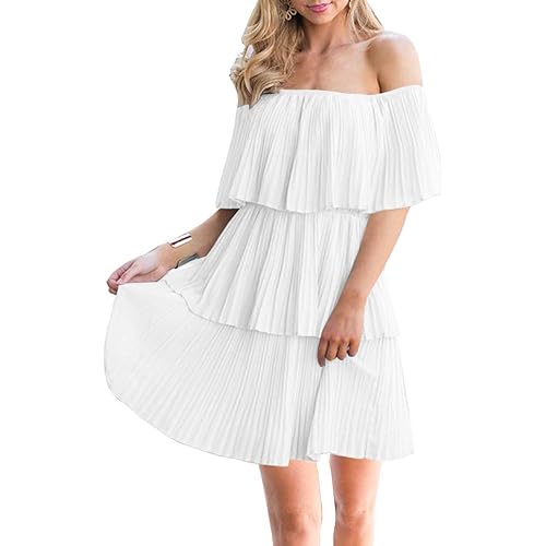 Soesdemo Women's Casual Off The Shoulder Sleeveless Tiered Ruffle Pleated Short Party Beach Dress