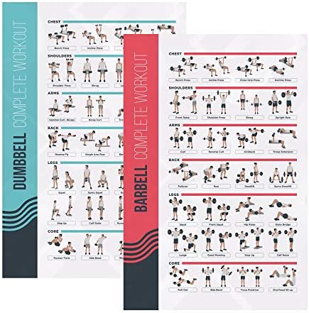 FitMate Dumbbell and Barbell Workout Exercise Poster, 2-Pack, Workout Routine with Free Weights, Home Gym Decor, Room Guide (16.5 x 25 Inch)