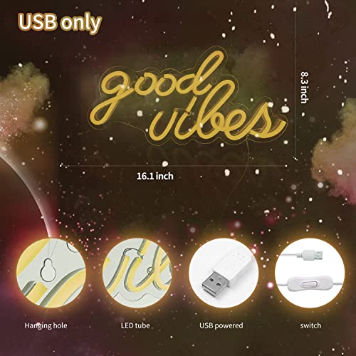 Decanit Good Vibes Neon Sign For Wall Decor，Powered By Usb Neon Light For Bedroom Decor, Warm White Color,16.1"X 8.3"X 0.6" #TOP5