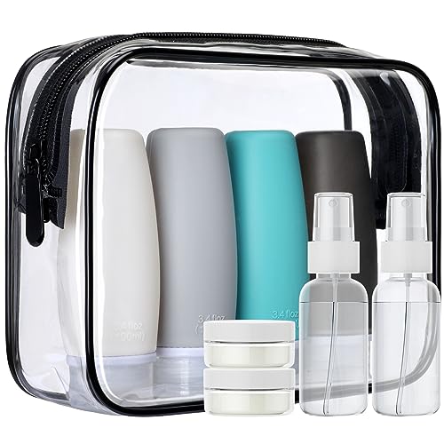 PACKISM TSA Approved Toiletry Bag with Bottles - Travel Essentials 8 Pack Leakproof 3.4oz Silicone Travel Bottles for Toiletries, Shampoo Conditioner Lotion Body Wash BPA Free