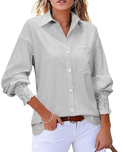 Womens Button Down Shirts Striped Smocked Cuff Long Sleeve Blouse...