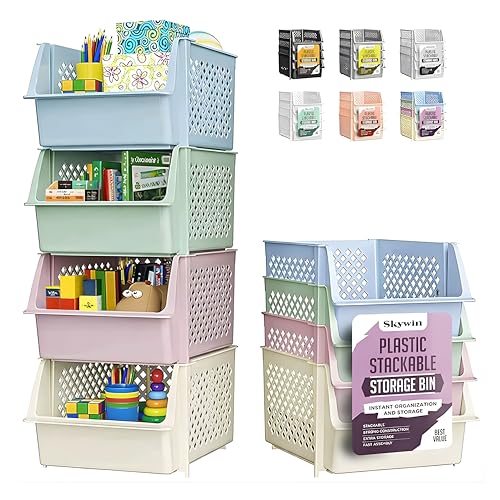 Image of Skywin Stackable Storage Bins Open Front for Pantry Storage, 4 Pack - Multi | Sturdy Plastic, Easy Stacking, Open Front Access, Ventilated Sides, Vertical & Space Saving Pantry Organizers and Storage Bin