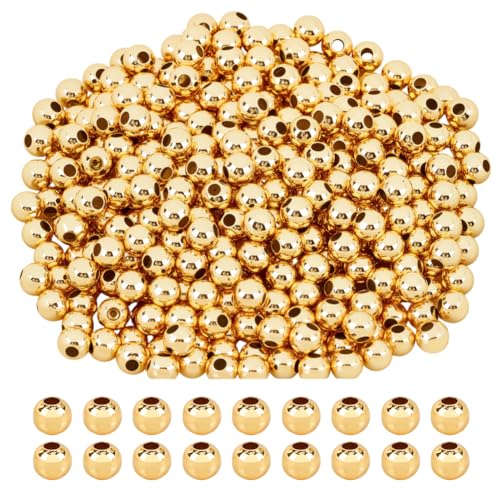 CRAFTYMELODY 400 perlas redondas de latón chapado en oro de 18 quilates, perlas de bolas lisas sin costuras, 4 mm, grandes cuentas espaciadoras, agujero grande para collar, pulsera y pendientes