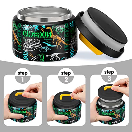 Image of JXXM 8 Oz Thermo Food Jar for Hot & Cold Food for Kids, Insulated Lunch Containers Hot Food Jar,Leak-Proof Vacuum Stainless Steel Wide Mouth Lunch Soup Thermo for School (Black-Dinosaur Fossils)