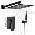 BWE Black Shower Faucet Set, 12 Inch Square Rain Shower Head and Handle Set Bathroom Shower System Sets Complete Combo 2-Functions Pressure Balancing Wall Mount Rainfall Shower Mixer Valve