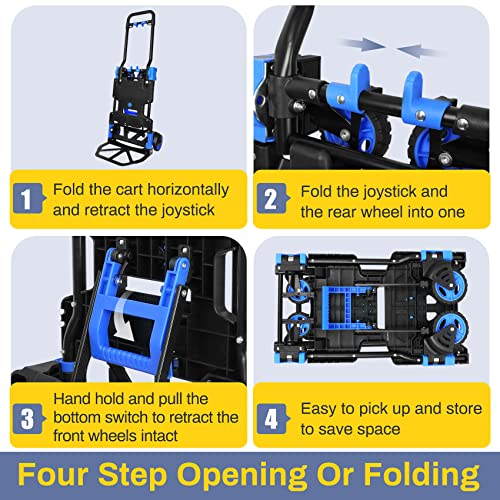 Aowoil Foldable Hand Truck Heavy Duty 440Lb Load Carrying,Convertible Hand Cart With Retractable Handle,Silent 4-Wheel Folding Hand Truck,For Luggage/Travel/Personal/Mobile/Office Use (Blue) #TOP2