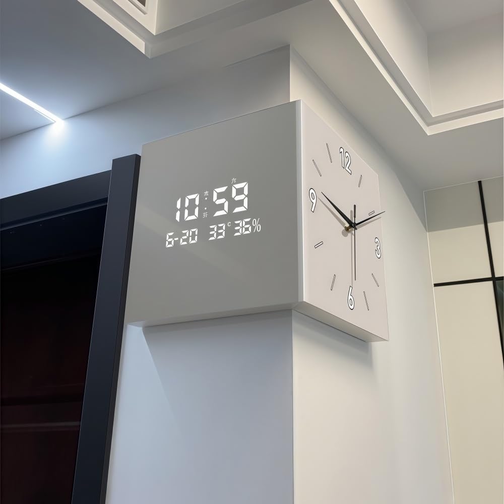 Nowoczesny narożny zegar ścienny z podwójnym wyświetlaczem i cyfrowym zegarem LED z podświetleniem, cichy ruch, sześcienny design do domu (10,2 x 10,2")
