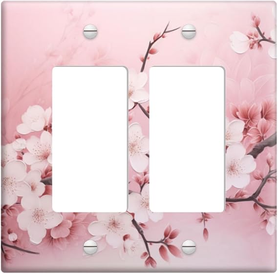 2 Gang Rocker Wall Plate Cover Beautiful Pink Cherry Blossoms Decorative Dual Outlet Covers Light Switch Covers Electrical Faceplate for Bedroom Kitchen Home