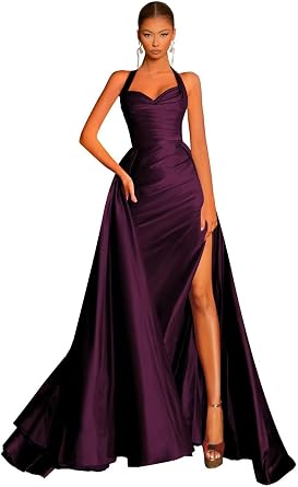 Womens A Line Prom Dresses Halter Neck Pleated Satin Formal Evening Dresses Satin Party Ball Gown with Slit