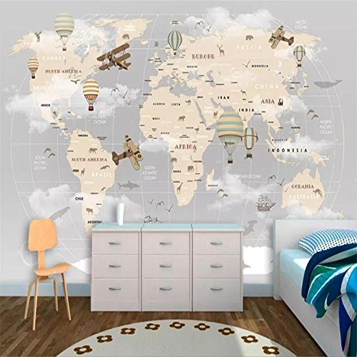 Rureng Enfants Chambre 3D Fond D'Écran Cartoon Carte Du Monde Air Chaud Ballon Voilier Fond Mur 3D Papier Peint Murale-200X140Cm