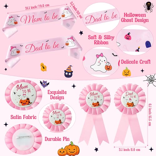 2Ooya 4Pcs Halloween Maternity Sash Set Pink Ghost Mom To Be & Dad To Be Sash Kit With Corsage Pin Spooky Theme Pregnancy Sash Keepsake For Halloween Baby Shower Gender Reveal Party Photo Prop Gift thumb #1