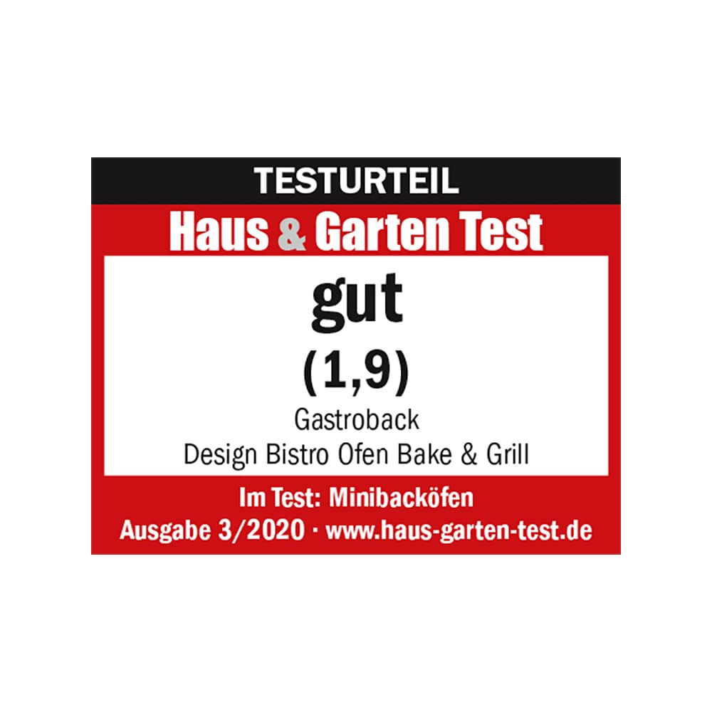 GASTROBACK Design Mini-Backofen Bake & Grill - Minibackofen mit Umluft, 26 L, 5 Funktionen bei 30°C - 230°C, Cool Touch Gehäuse - 30 cm Ø Pizzastein, Backblech, Grillrost und Grillspieß