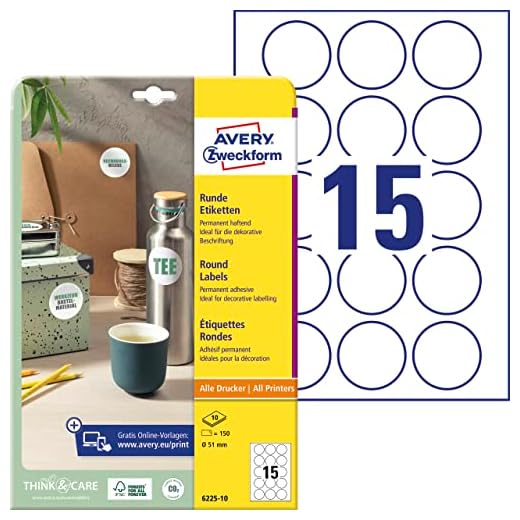 AVERY Zweckform 6225-10 Runde Etiketten (150 Klebepunkte, Ø51mm auf A4, runde Aufkleber zum Bedrucken, selbstklebende Produktetiketten, permanent haftende Marmeladenetiketten) 10 Blatt, weiß