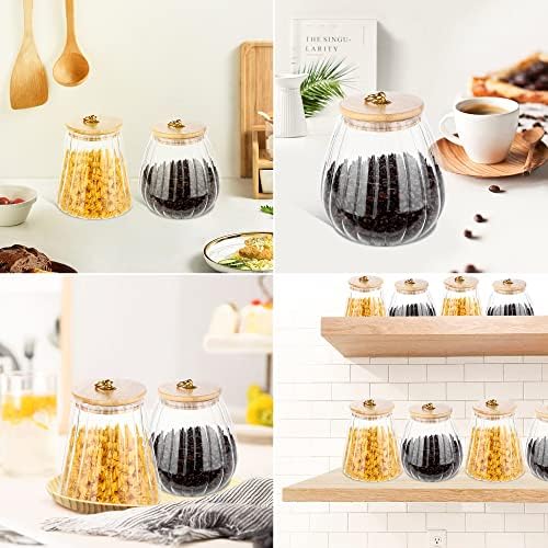 Glass Coffee Nuts Canister Airtight Storage Jar Petal Decorative Container with Bamboo Lid Metal Handle Easy to Grasp (large oval)