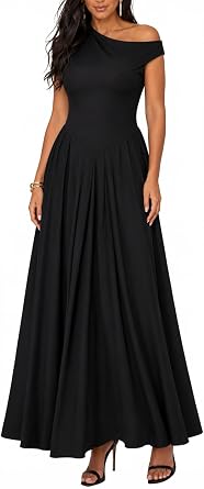 ENOPINK Women Elegant One Shoulder Dress Formal Asymmetrical A-Line Pleated Maxi Dresses Wedding Guest Cocktail Party