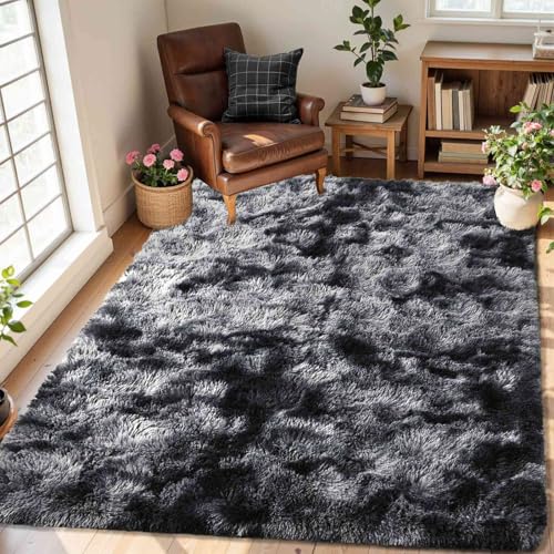 Black Grey Rugs for Bedroom Fluffy 3x5 Area Rug,Super Fuzzy Fur Living Room Carpet for Boys Dorm Office Nursery Modern Home Decor