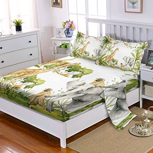 Qoomo Wild Animal Kids Sheets Queen Size,Cartoon Animal 16" Deep Pocket Bed Sheet Set,Giraffe Elephant Monkey Printed Bedroom Decor Sheet Set Soft And Breathable For Boys/Girls/Kids/Teens,Queen #TOP1