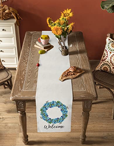 Spring Floral Table Runner 72 Inches, Blue Flower Wreath Summer Botanical Welcome Bed Runner Dresser Scarves Tabletop For Indoor Outdoor Parties/Ceremony/Banquet, 18" X 72" #TOP4