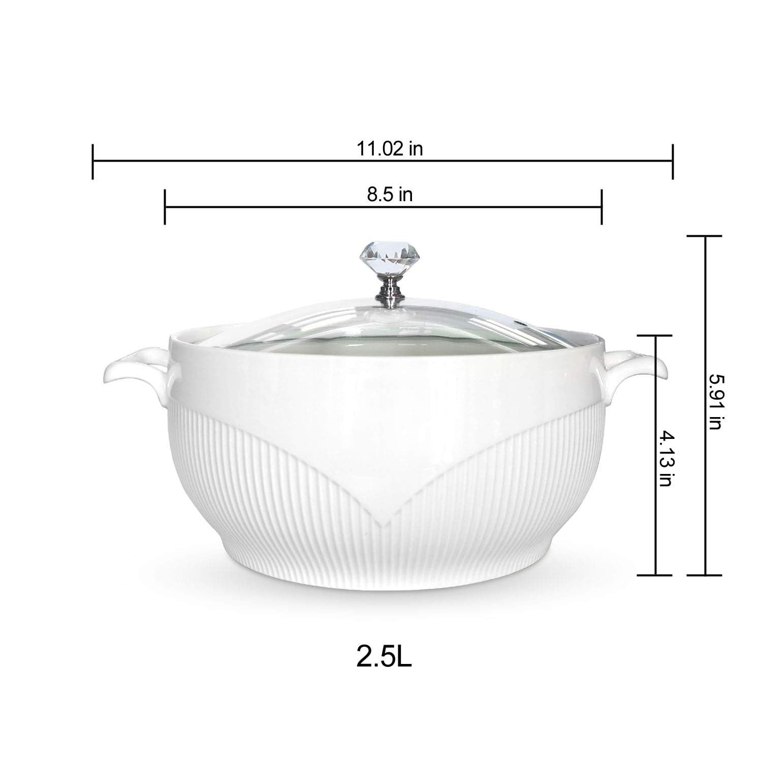 Vnook Soupière en céramique avec Couvercle en Verre, Porcelaine Blanche Servant Une soupière décoration de Soupe Mignonnes soupières couvertes en céramique pour Soupe (Size : 2.5L)