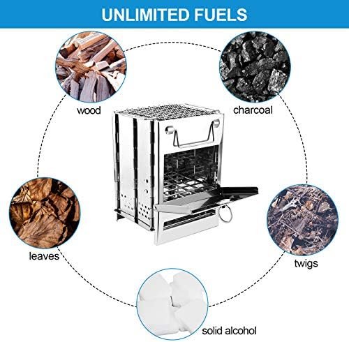 WADEO Portable Wood Stove, Stainless Steel Camping Stove with Storage Bag & Rope Saw, Folding Wood Burning Stove for Outdoor BBQ, Grill, Hiking, Backpacking, Traveling, Picnic