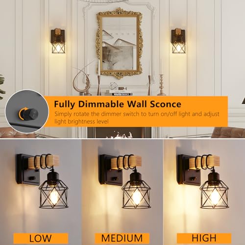 Image of FadimiKoo Dimmable Wall Sconces Set of Two, Bedside Wall Mounted Lamp with Rotary Switch, Wooden Black Bathroom Light Fixtures with Metal Cage, Hardwired Farmhouse Wall Lights for Bedroom, Living Room