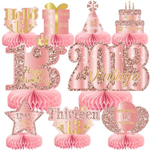 Image of 9Pcs 13th Birthday Decorations Rose Gold 13th Birthday Party Decorations for Girls,Pink Happy 13 Years Honeycomb Centerpieces Table Sign Decor Supplies