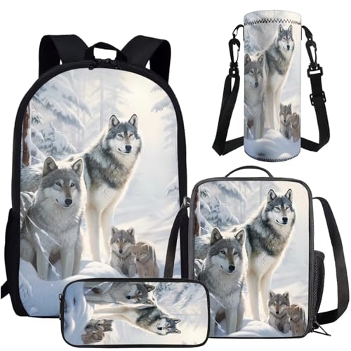 AmzPrint 4 In 1 Wolf Backpack Set For Boys Girls Kids Wolf Backpack With Lunch Box Pencil Pouch Water Bottle Carrier Set