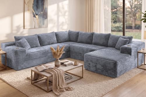 Image of 122 inch Oversized Cloud Sectional Couch for Living Room, 7 Seater U Shaped Sofa Modular Boneless Couch with Chaise | Deep Seater | Cup Holder | Side Pocket | No Assembly | Plus Corduroy, Light Gray