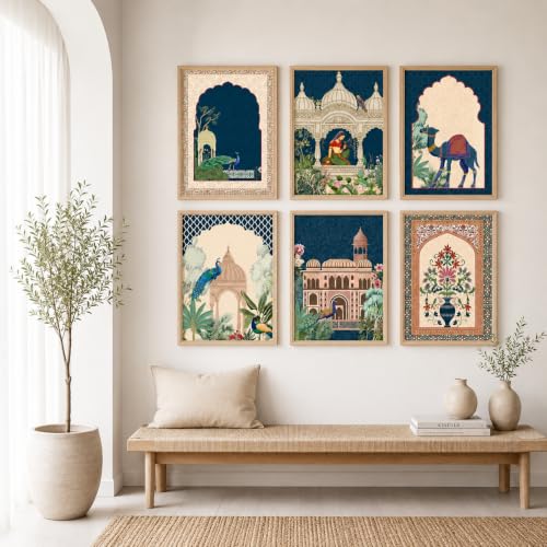 Image of Artsense Royal Mughal Botanical Wall Art Set of 6 | Peacock Palace Arch Floral Heritage Decorative Paintings | Traditional Indian Gallery Wall Decor for Living Room Bedroom Office