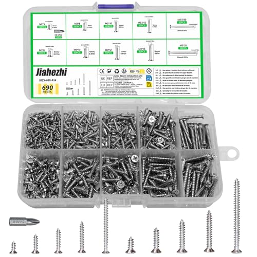 690 Pcs M2 M2.5 M3 Self-Tapping Flat Head Screws Versatile Assorted Pack for Wood Chipboard Drywall & Concrete Fixings - Rust-Resistant Perfect for Home Repairs & DIY Projects