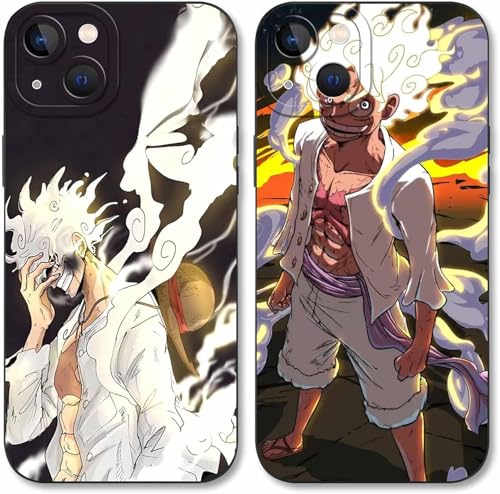 PBNDJVG 2 Piezas Animados Funda para iPhone 16 6.1'', Anime con Zoro Gear 5 Nika Patrón Diseño Carcasa Antichoque Protecciones para Las Lentes Suave Negro TPU Case Fundas, 05