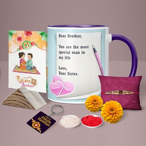 Image of NH10 DEISGNS Raksha Bandhan Gifts Pack for Brother, Combo Gift Pack of Designer Rakhi, Printed Coffee Mug, Happy Raksha Bandhan Greeting Card, Roli Chawal Combo Set (Pack of 5)(RMCKRCG702)