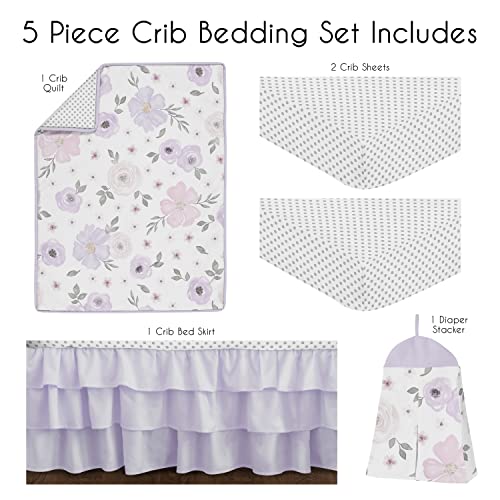 Sweet Jojo Designs Lavender Purple Boho Floral Girl Baby Crib Bedding Set Infant Nursery Room Quilt Fitted Sheets Skirt Pink Grey White Bohemian Shabby Chic Rose Watercolor Flower Farmhouse Polka Dot #TOP1