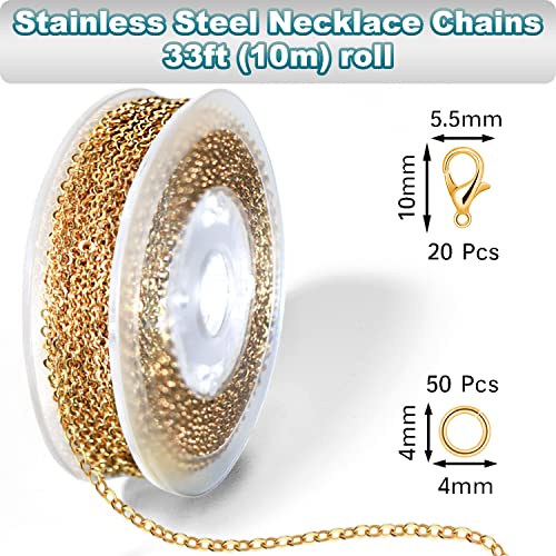 Jishi 33ft Stainless Steel Gold Plated Chain for Jewelry Making Supplies - 2mm 18K Gold Plated Non Tarnish - 33ft Roll with Lobster Clasps, Jump Rings - Gold - Thumbnail 2