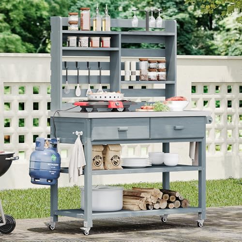 Outdoor Potting Bench with Lockable Wheels and Storage