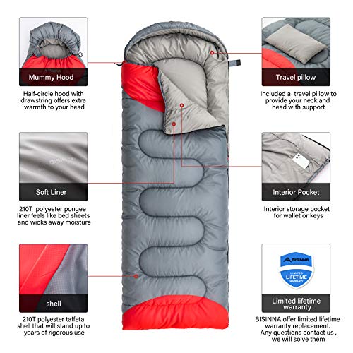 Bisinna Sleeping Bag With Pillow - 4 Season Backpacking Sleeping Bag Lightweight Waterproof Warm And Washable For Adults, Kids, Women, Men's Outdoors Camping, Hiking, Mountaineering #TOP2