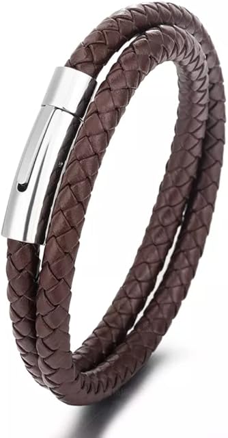 Jewellbox Retro Simple Handmade Braided Stainless Steel Genuine Leather Wrap Bracelet For Men, Leather