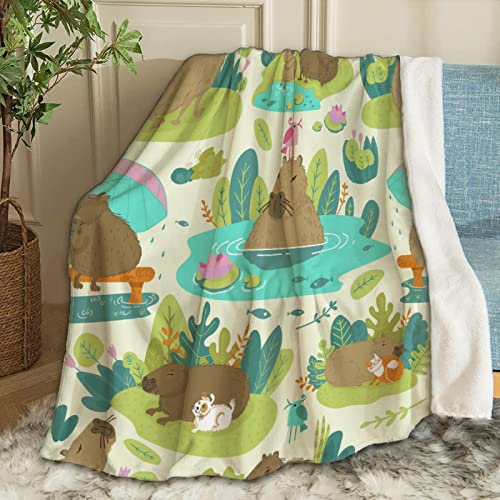 Artblanket Capybara On Jungle Green Throw Blanket Fannel Fleece Super Soft Funny Blanket Travel Throw Blanket For Bed Couch Sofa 60 X 50 Inch For Teen #TOP1