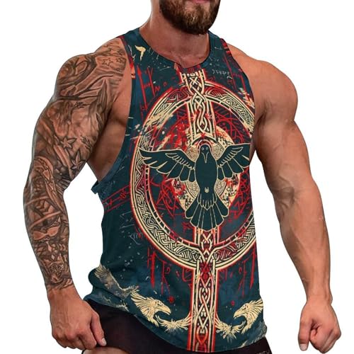 FLAREO Men's 3D Viking Norse Mythology Tattoo Print Sleeveless Gym Tank Top,Red Blue Viking Raven Cross,L