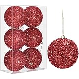 Vertintong 6 Pcs 4 Inch Christmas Tree Tinsel Ornaments for Tree Glitter Sequin Hanging Ornaments Christmas Tinsel Balls Decorations Shatterproof for Xmas Party Holiday Decor(Red)