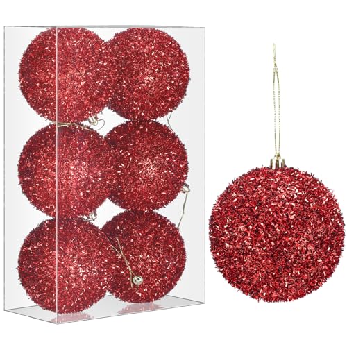 Vertintong 6 Pcs 4 Inch Christmas Tinsel Balls Tree Ornament, Red