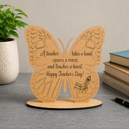 Image of Wooden Butterfly Table Top for Teacher | Happy Teacher's Day Engraved Desk Decor | Premium Wooden Appreciation Gift
